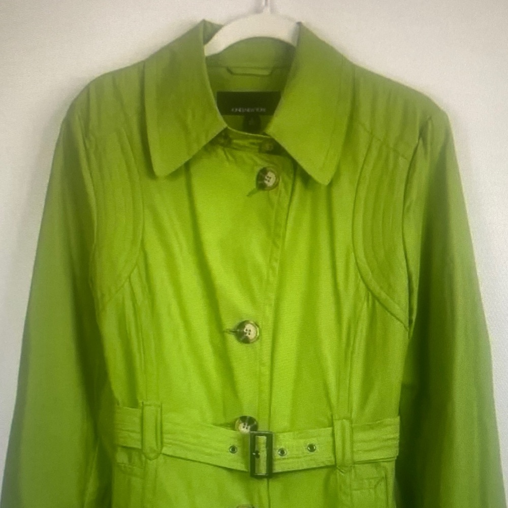 Jones New York Womens Trench Coat Belted Green Mid-Length Rain Jacket Size L